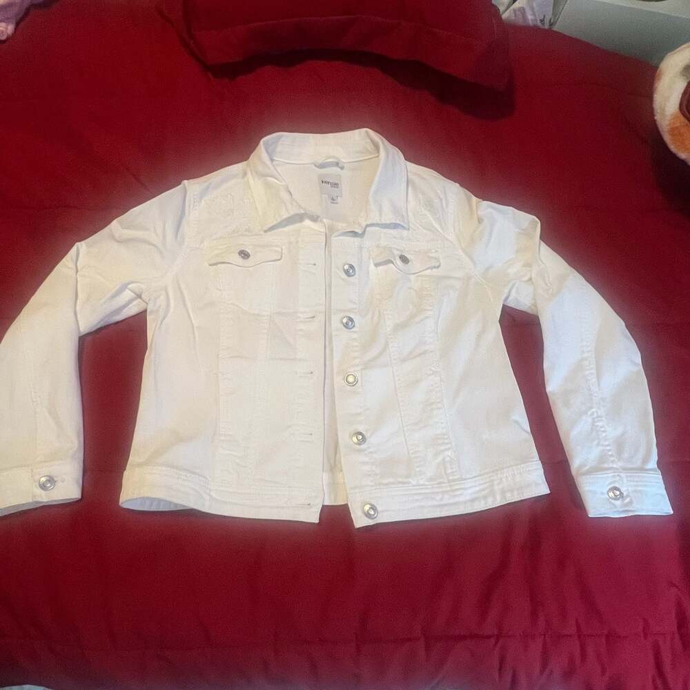 Kensie Jeans White Embroidered Floral Denim Jacket Size Large Spring Dressy